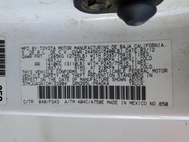 3TMJU4GN1CM133904 - 2012 TOYOTA TACOMA DOUBLE CAB PRERUNNER WHITE photo 13