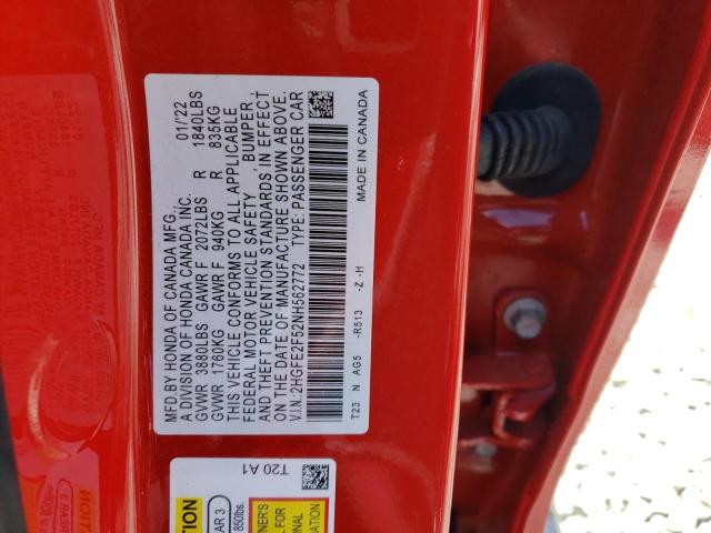 2HGFE2F52NH562772 - 2022 HONDA CIVIC SPORT 红色 照片 12