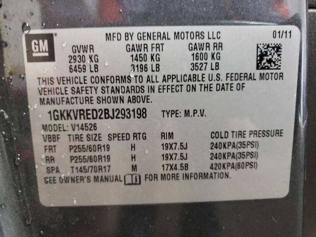 1GKKVRED2BJ293198 - 2011 GMC ACADIA SLT-1 GRAY photo 10