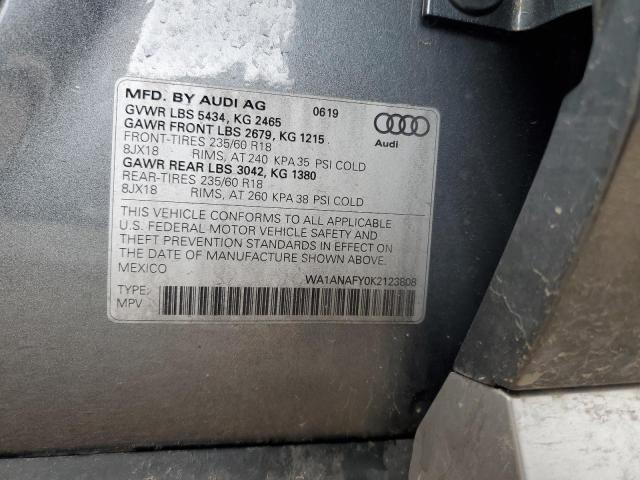 WA1ANAFY0K2123808 - 2019 AUDI Q5 PREMIUM Gris foto 12