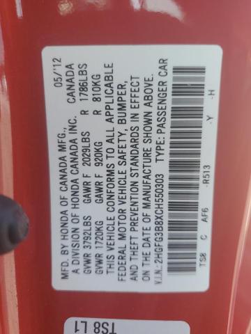 2HGFG3B8XCH550303 - 2012 HONDA CIVIC EX RED photo 13