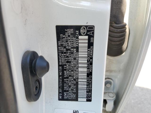 2T1BURHE7KC238860 - 2019 TOYOTA COROLLA L WHITE photo 12