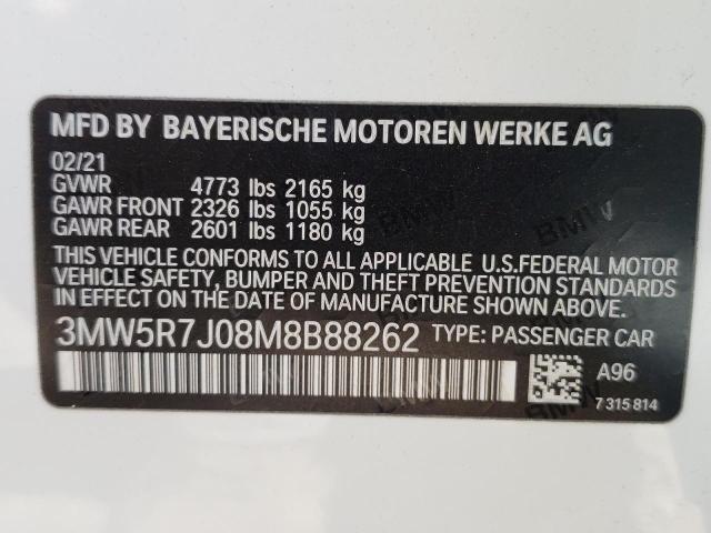 3MW5R7J08M8B88262 - 2021 BMW 330XI WHITE photo 10