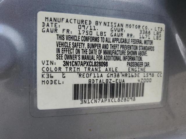 3N1CN7APXCL828098 - 2012 NISSAN VERSA S GRAY photo 12
