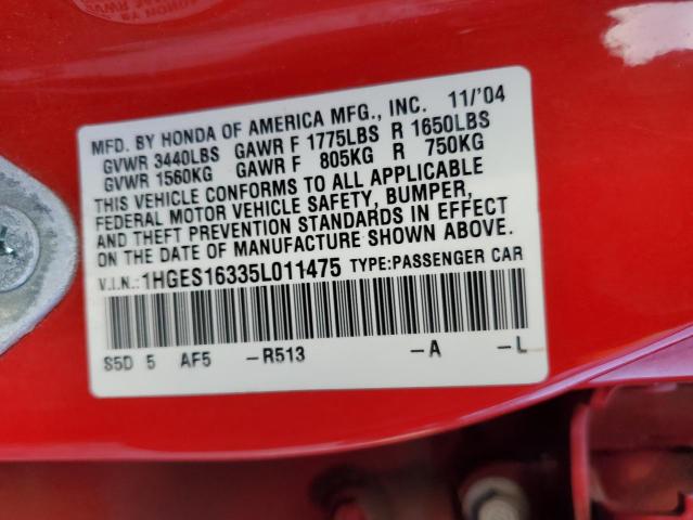 1HGES16335L011475 - 2005 HONDA CIVIC DX VP RED photo 12