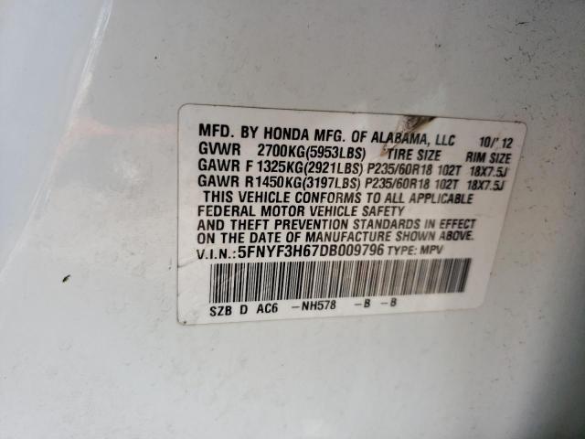 5FNYF3H67DB009796 - 2013 HONDA PILOT EXL WHITE photo 13