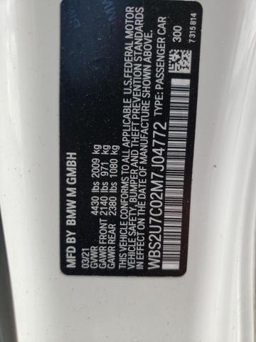 WBS2U7C02M7J04772 - 2021 BMW M2 COMPETITION WHITE photo 12