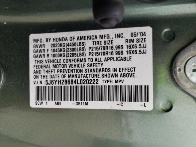 5J6YH28684L020222 - 2004 HONDA ELEMENT EX GREEN photo 12