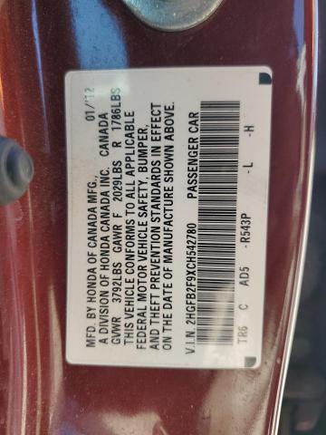 2HGFB2F9XCH542780 - 2012 HONDA CIVIC EXL BURGUNDY photo 13