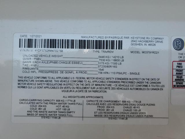 4YDF37926M4702768 - 2021 KEYSTONE MONTANA 奶油色 照片 10