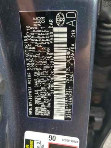 2T1BURHE2KC129478 - 2019 TOYOTA COROLLA L رمادي صورة 12