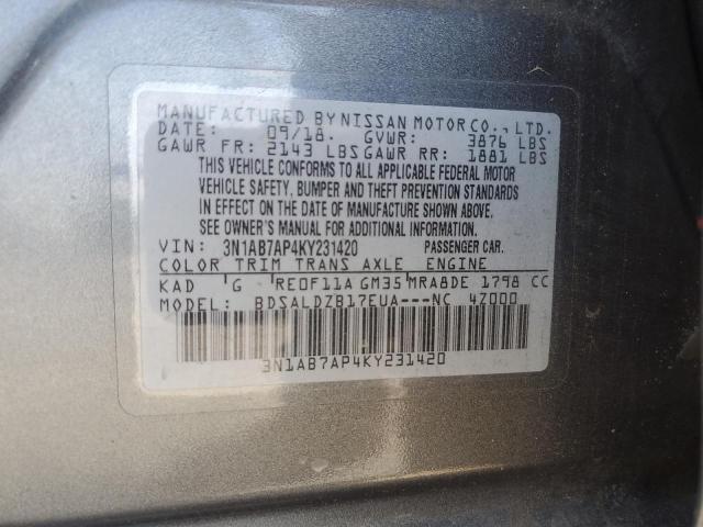 3N1AB7AP4KY231420 - 2019 NISSAN SENTRA S ნაცრისფერი ფოტო 12