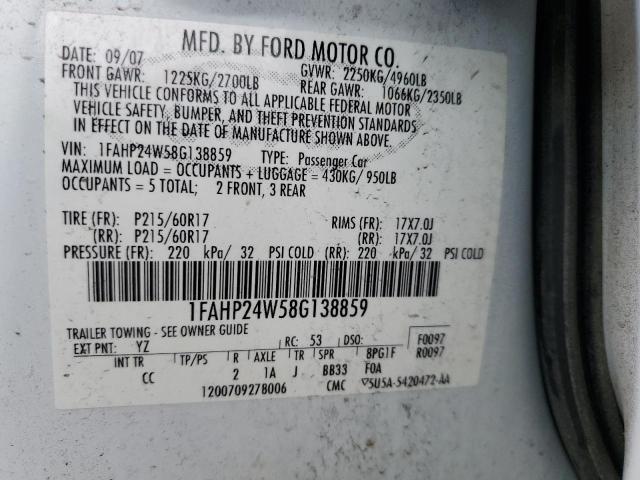 1FAHP24W58G138859 - 2008 FORD TAURUS SEL WHITE photo 12