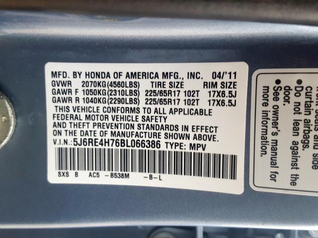 5J6RE4H76BL066386 - 2011 HONDA CR-V EXL  photo 10