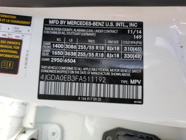 4JGDA0EB3FA511192 - 2015 MERCEDES-BENZ ML 250 BLUETEC WHITE photo 14