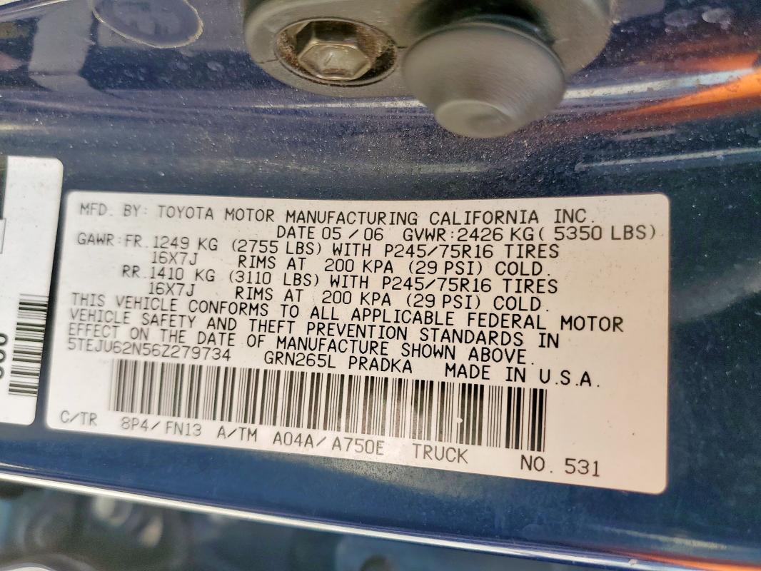 5TEJU62N56Z279734 - 2006 TOYOTA TACOMA DOUBLE CAB PRERUNNER BLUE photo 12
