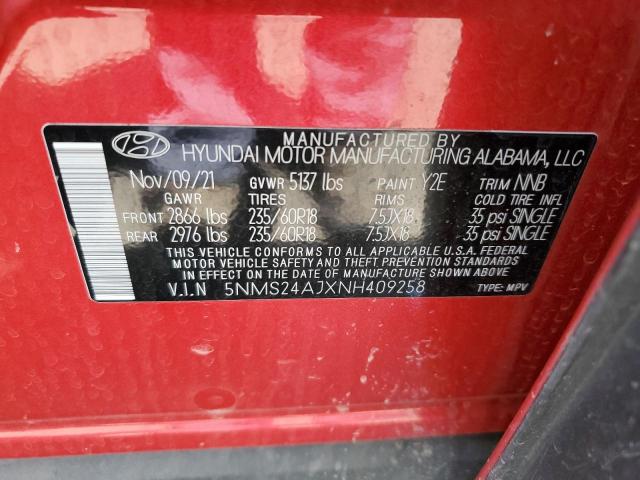 5NMS24AJXNH409258 - 2022 HYUNDAI SANTA FE SEL RED photo 12