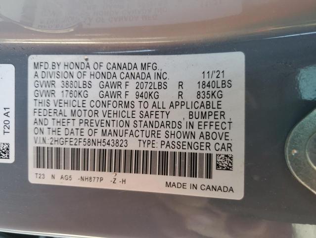 2HGFE2F58NH543823 - 2022 HONDA CIVIC SPORT 灰色 照片 12