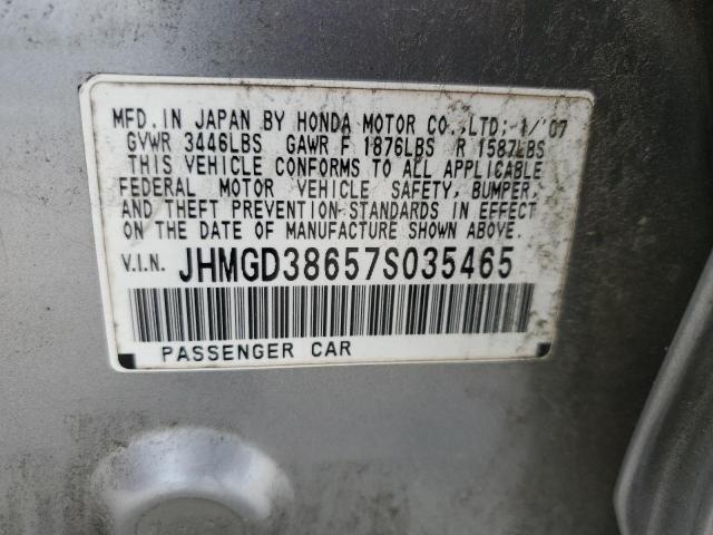 JHMGD38657S035465 - 2007 HONDA FIT S ვერცხლისფერი ფოტო 12