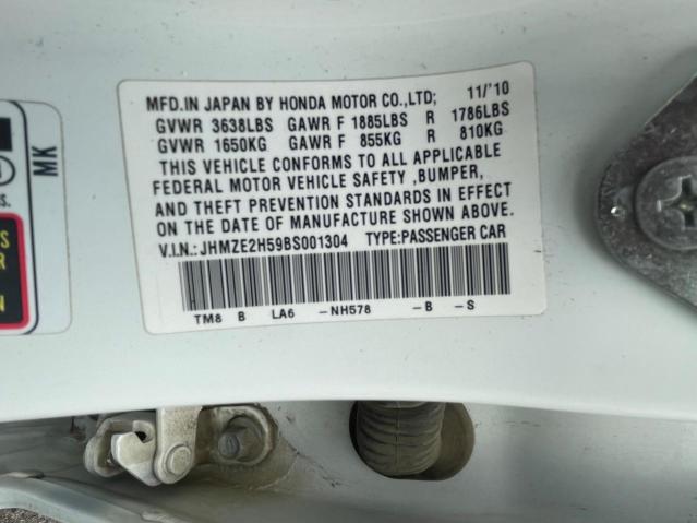 JHMZE2H59BS001304 - 2011 HONDA INSIGHT LX WHITE photo 10