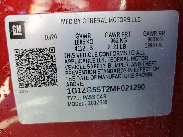 1G1ZG5ST2MF021290 - 2021 CHEVROLET MALIBU RS წითელი ფოტო 13