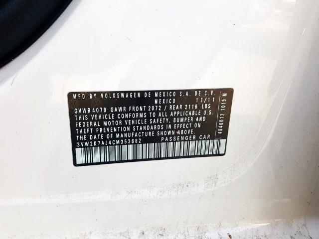 3VW2K7AJ4CM353682 - 2012 VOLKSWAGEN JETTA BASE  ფოტო 10