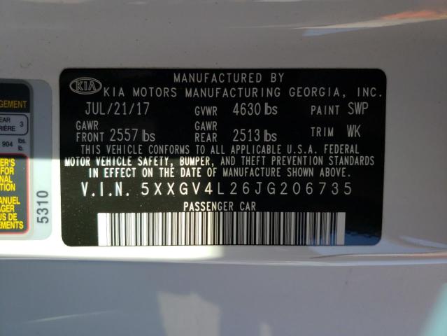 5XXGV4L26JG206735 - 2018 KIA OPTIMA SXL WHITE photo 10