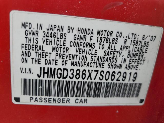 JHMGD386X7S062919 - 2007 HONDA FIT S RED photo 12