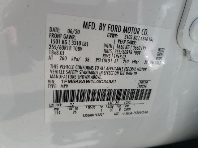 1FM5K8AW1LGC34981 - 2020 FORD EXPLORER POLICE INTERCEPTOR WHITE photo 13