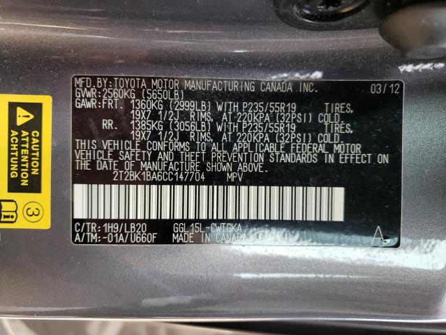 2T2BK1BA6CC147704 - 2012 LEXUS RX 350 GRAY photo 13