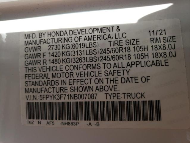 5FPYK3F71NB007087 - 2022 HONDA RIDGELINE RTL WHITE photo 13