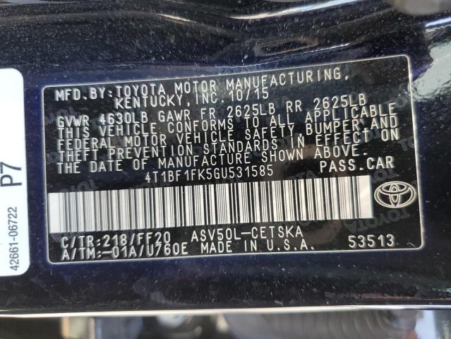 4T1BF1FK5GU531585 - 2016 TOYOTA CAMRY 4D 2 LE BLACK photo 12