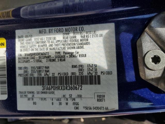 3FA6P0HRXDR360672 - 2013 FORD FUSION SE BLUE photo 12