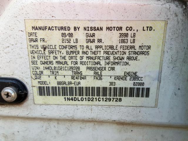 1N4DL01D21C129728 - 2001 NISSAN ALTIMA XE  photo 10