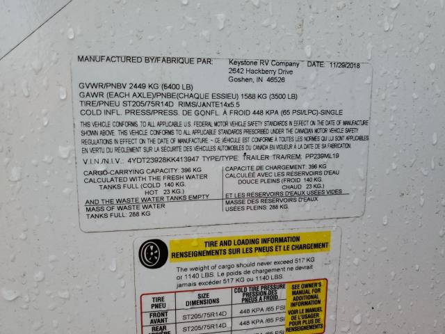 4YDT23928KK413947 - 2019 KEYSTONE PASSPORT WHITE photo 10