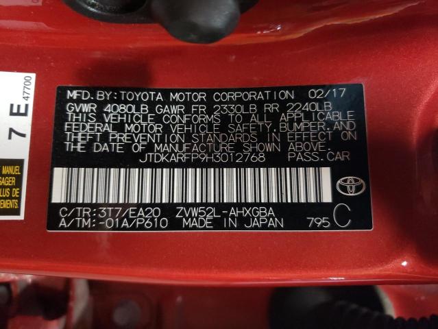 JTDKARFP9H3012768 - 2017 TOYOTA PRIUS PRIM წითელი ფოტო 12