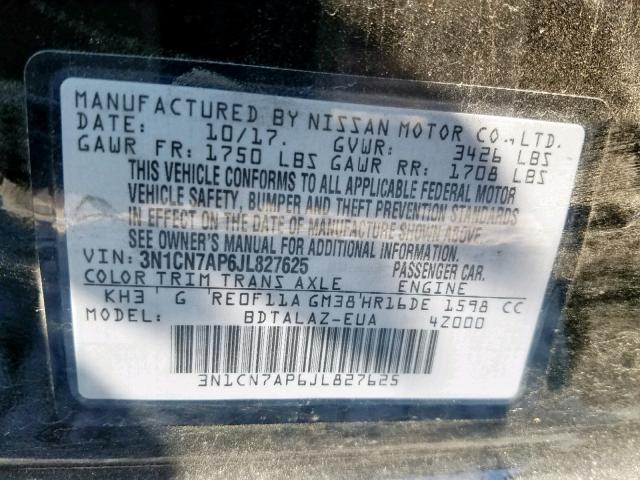 3N1CN7AP6JL827625 - 2018 NISSAN VERSA S BLACK photo 10