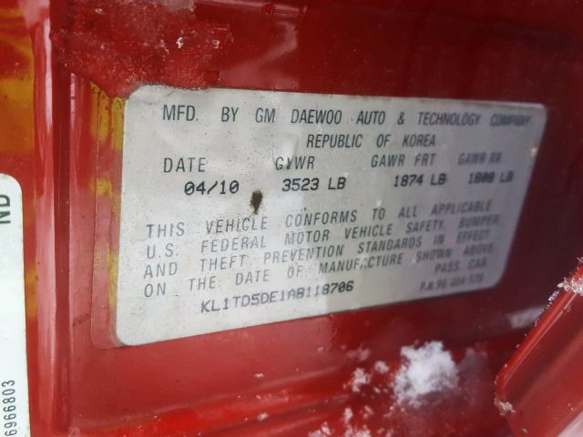 KL1TD5DE1AB118706 - 2010 CHEVROLET AVEO LS  ფოტო 10