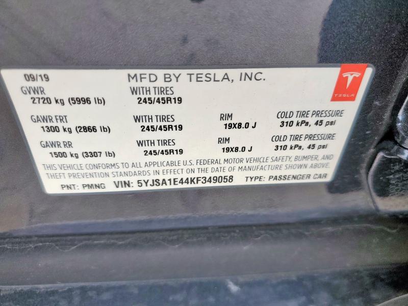 5YJSA1E44KF349058 - 2019 TESLA MODEL S 灰色 照片 12