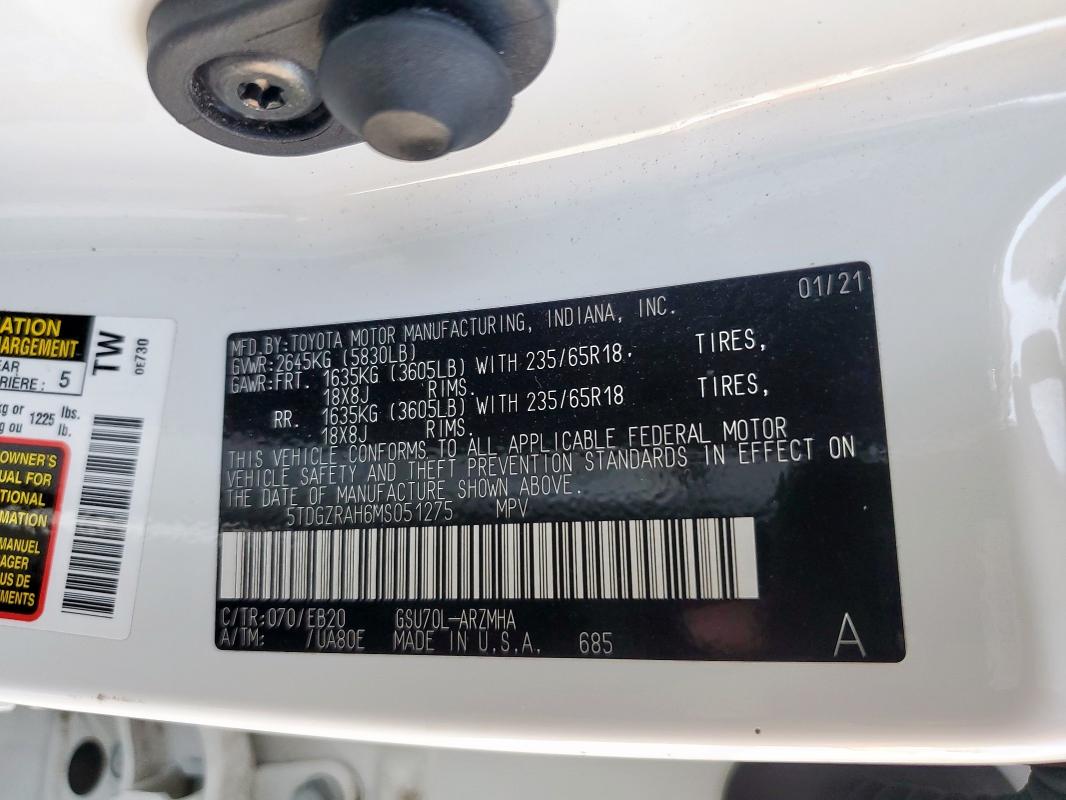 5TDGZRAH6MS051275 - 2021 TOYOTA HIGHLANDER XLE 白色 照片 13