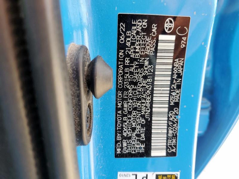 JTND4MBE9N3181123 - 2022 TOYOTA COROLLA SE BLUE photo 12