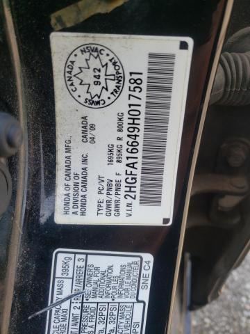 2HGFA16649H017581 - 2009 HONDA CIVIC LX-S Սև լուսանկար 12