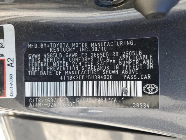 4T1BK3DB1BU394938 - 2011 TOYOTA AVALON BASE CHARCOAL photo 12
