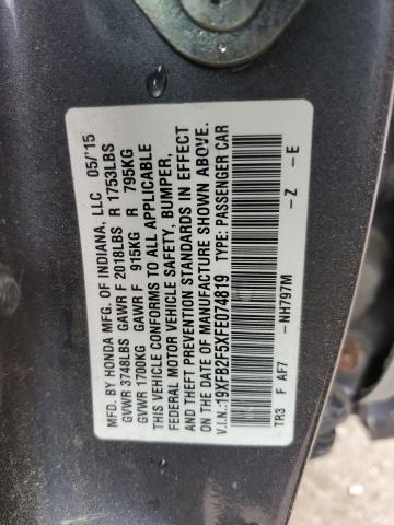 19XFB2F5XFE074819 - 2015 HONDA CIVIC LX GRAY photo 12
