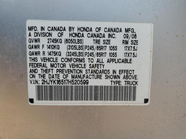 2HJYK16517H520599 - 2007 HONDA RIDGELINE RTL SILVER photo 10