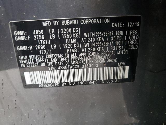 4S4BTACC9L3153003 - 2020 SUBARU OUTBACK PREMIUM GRAY photo 14