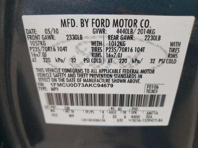 1FMCU0D73AKC94679 - 2010 FORD ESCAPE XLT BLUE photo 10