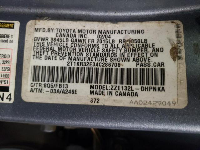2T1KR32E34C286706 - 2004 TOYOTA COROLLA MA XR GRAY photo 13