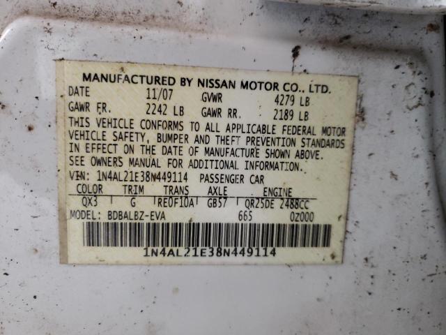 1N4AL21E38N449114 - 2008 NISSAN ALTIMA 2.5 WHITE photo 12