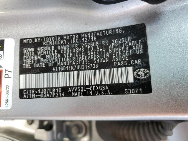 4T1BD1FK7HU218738 - 2017 TOYOTA CAMRY HYBRID SILVER photo 12